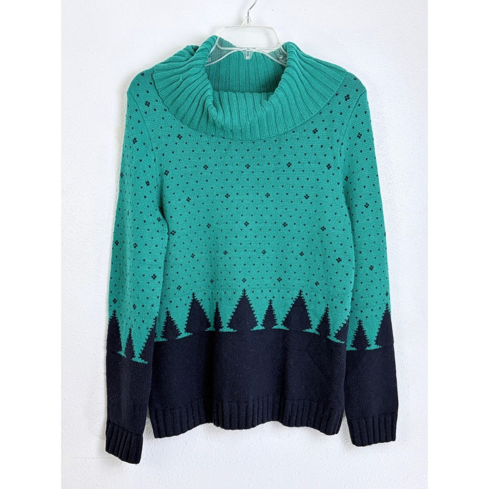 Talbots Sweater Green Navy Blue Pine Tree Cowl Neck Lambswool Blend Size Mp